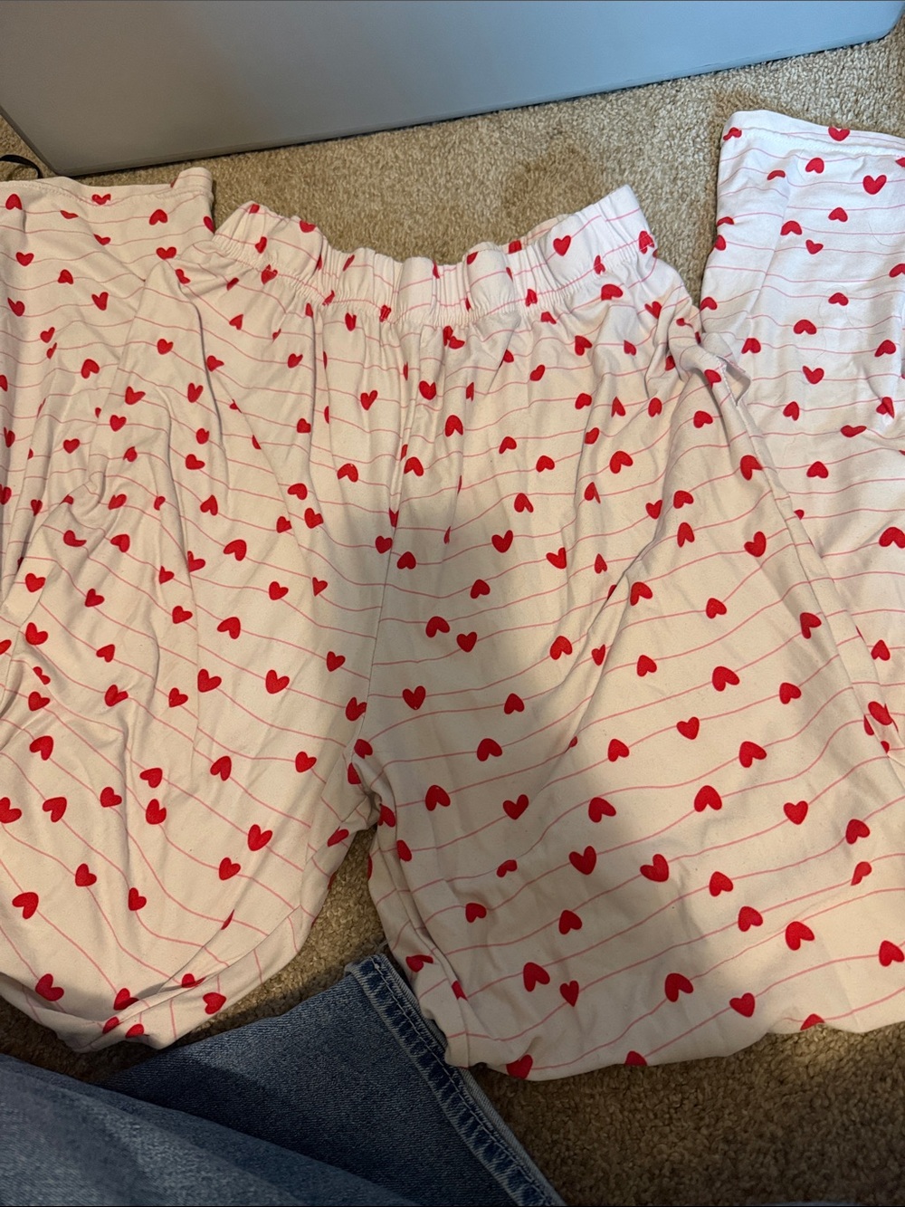just be White Lounge Pants with Red Heart Motif